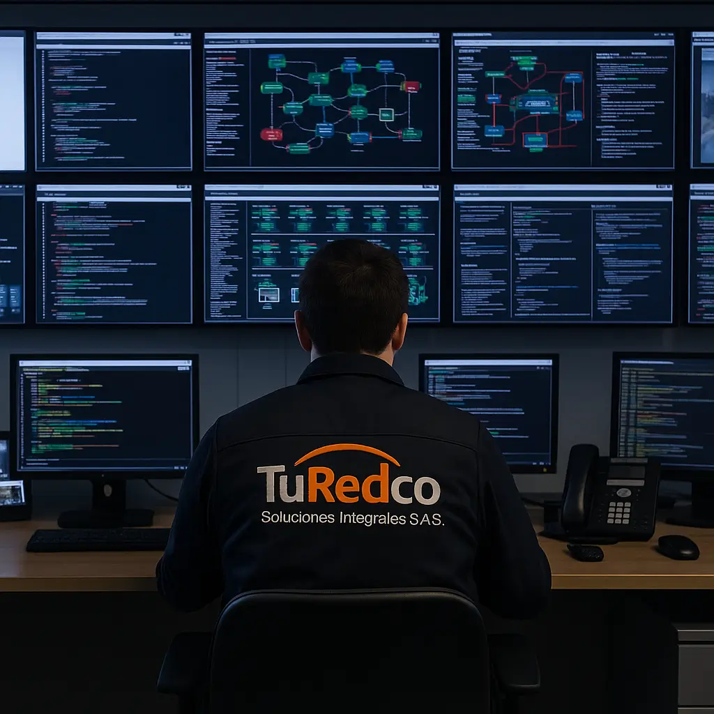 Profesional de diseño web de TuRedco trabajando en una laptop en una oficina moderna.